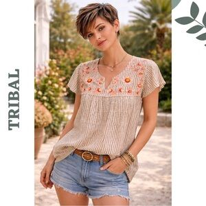Tribal Rayon Embroidered Floral Boho Top XS NWT Summer Blouse